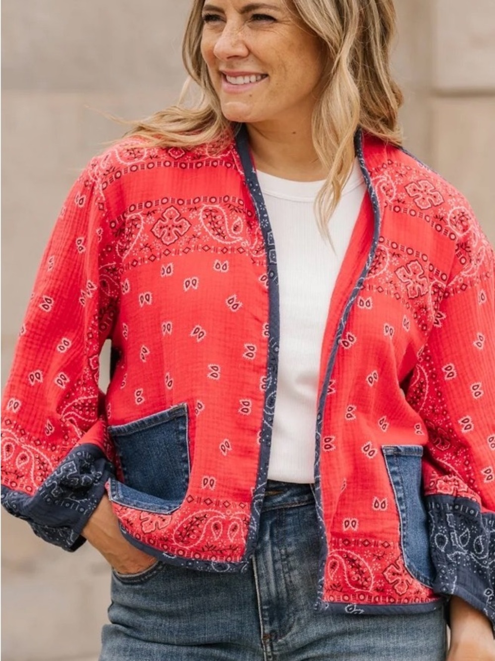 Shannon Passero Red & Navy Bandana Kimono Jacket Denim Pockets Boho Western NEW